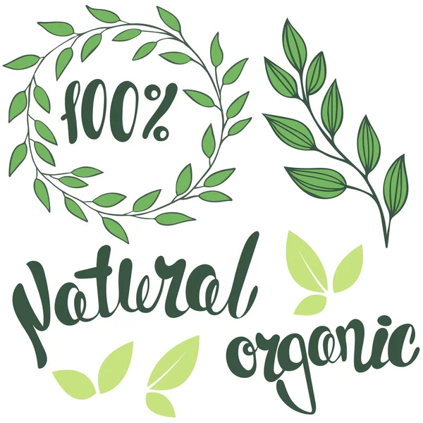 Set di loghi, lettering 100%, Naturale, organico. Telaio rotondo di l — Vettoriale Stock