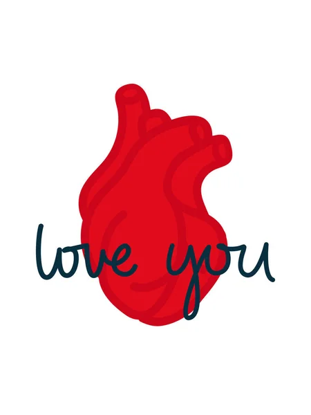 Hou Van Valentijnskaart Met Realistisch Hart Belettering Love You Handgeschreven — Stockvector