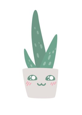 Otun içinde yetişen aloe vera bitkisi. Kawaii aloe in pot. Çiçek saksısı vektör çizimi. Modern illüstrasyon.