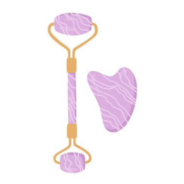 Gua Sha ve yüz masajı silindiri beyaz arka planda izole edilmiş. Quart taşı kendine masaj kazıyıcısı. Ev güzelliği rutini. Gua Sha ve yüz silindirinin modern düz çizimi.