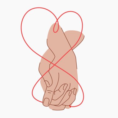 Aşıkların ellerini birbirine bağlayan kaderin kırmızı ipliği. El ele tutuşan bir çift. Kaderin kırmızı ipliği kalp şeklinde. İki el kırmızı bir kader dizisine bağlıdır. Ruh eşi bağı.