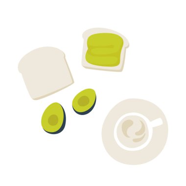 Avokado tostları, ikiye bölünmüş avokado ve bir fincan kahve. Son moda Avokado kahveli sağlıklı kahvaltı. Modern stilde vektör illüstrasyonu.