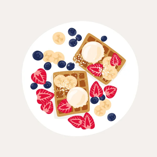 Гарний Класичний Сніданок Бельгійськими Вафлями Вектор Зверху Бельгійські Вафлі Морозивом — стоковий вектор