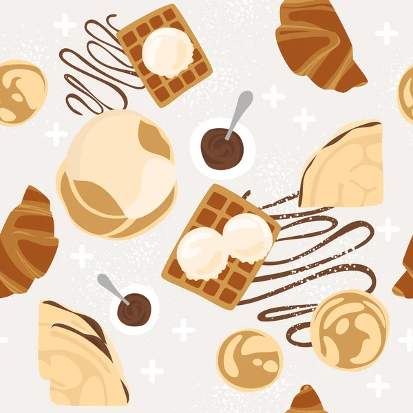Seamless Pattern Baked Goods Pattern Belgian Waffles Pancakes Ice Cream — Stock Vector