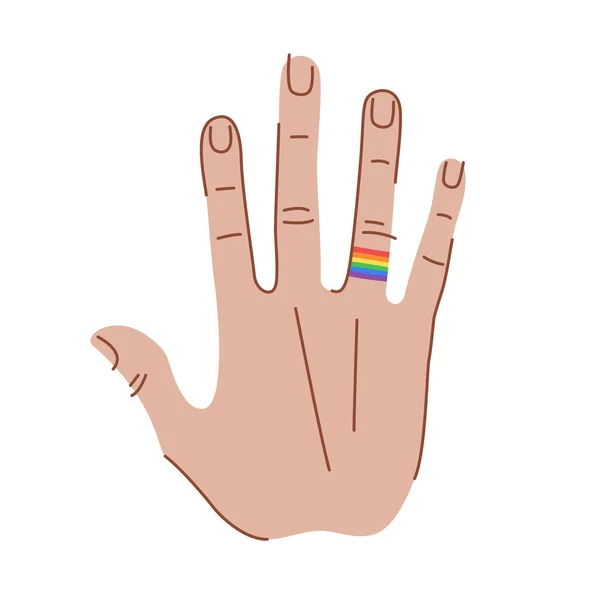 Lgbt爱情概念 手指头上有一个Lgbt国旗纹身 手握现代扁平风格 矢量说明 — 图库矢量图片