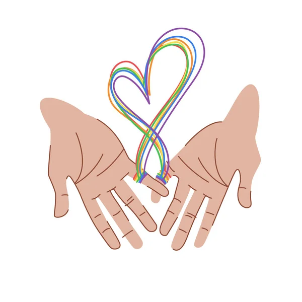 Lgbtの色の糸は恋人の手を接続します ソウルメイトは彼らの小さな指にしがみつく ハートの形をしたカラフルな糸 2本の手はLgbtフラグの色の文字列で接続されています — ストックベクタ