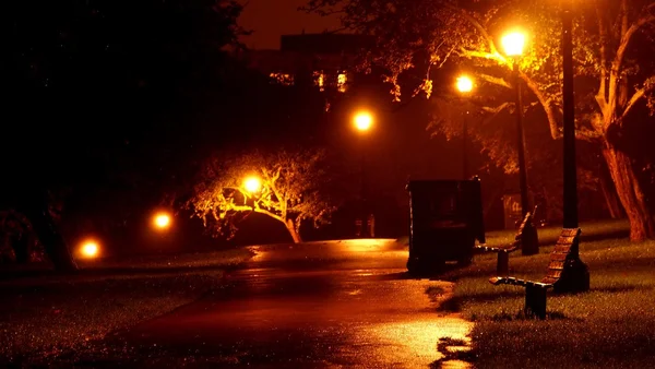 Leere Parkbänke in einer regnerischen Nacht — Stockfoto