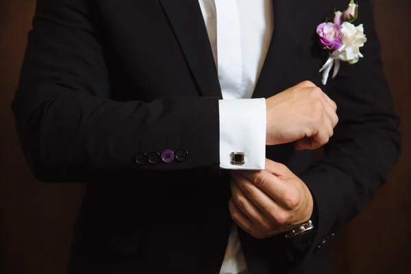 Businessman hands with cufflinks. Elegant gentleman clother — Stock Photo, Image