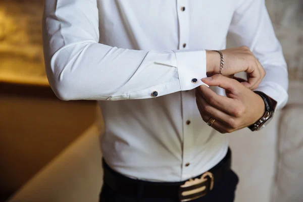 Businessman hands with cufflinks. Elegant gentleman clother — Stock Photo, Image