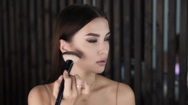Charmante mooie Kaukasische jonge vrouw schildert haar gezicht, make-up concept — Stockvideo