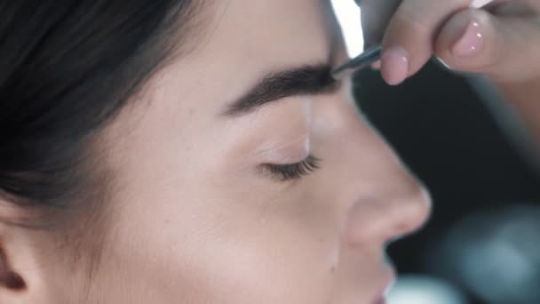 Close-up widok strony makijaż artyści ręka stosować makijaż — Wideo stockowe