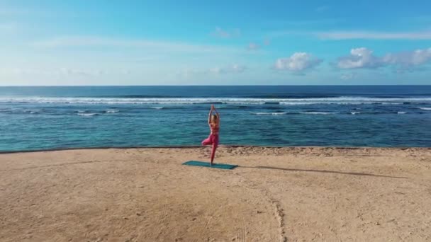 Drone film Kvinna gör yoga övningar och sträcker sig på stranden med havsutsikt — Stockvideo