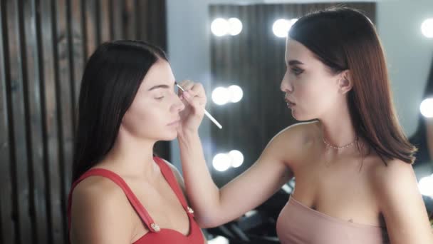 Jovem morena maquiadora pinta encantadora caucasiana bela mulher — Vídeo de Stock