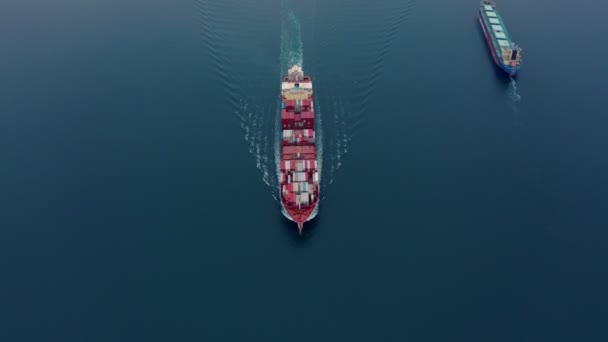 Durgun deniz dalgaları üzerinde yüzen sayısız konteynır taşıyan gemilerin havadan görünüşü — Stok video