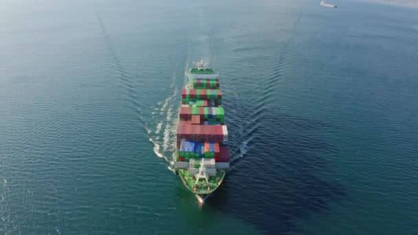 Vista aérea del buque de carga con contenedores flotando sobre las olas del océano azul — Vídeo de stock