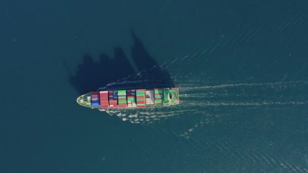 Vista aérea de um navio de carga com contentores flutuando nas ondas azuis — Vídeo de Stock