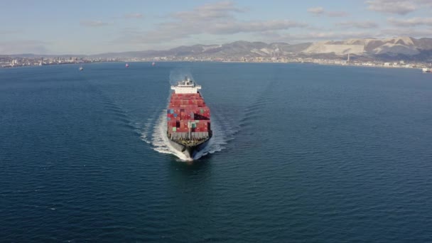 Vista frontale aerea di grande nave da carico rossa con container galleggianti sulle onde del mare — Video Stock