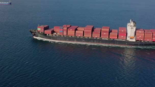Vista aerea grande nave con contenitori rossi naviga sul mare calmo in una mattina di sole — Video Stock