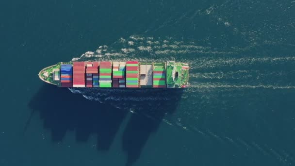 Letecký pohled shora na loď s kontejnery plachty na moři na slunném teplém letním dni — Stock video