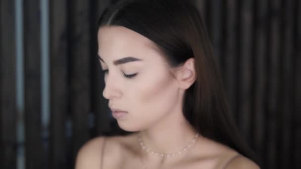 Vacker ung välvårdad kvinna applicerar skuggor och highlighter — Stockvideo