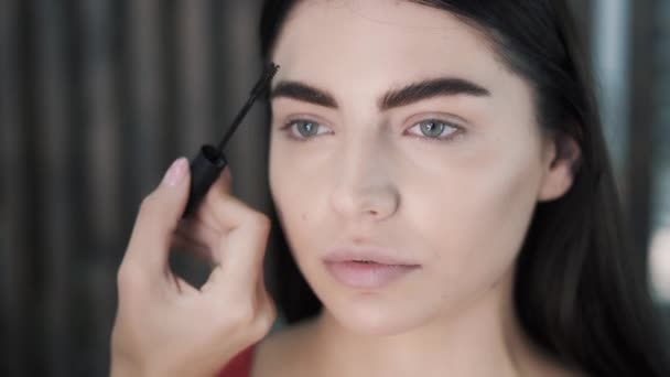Nahaufnahme einer Make-up-Künstlerin Hand Wimperntusche auf die Augenbrauen auftragen — Stockvideo