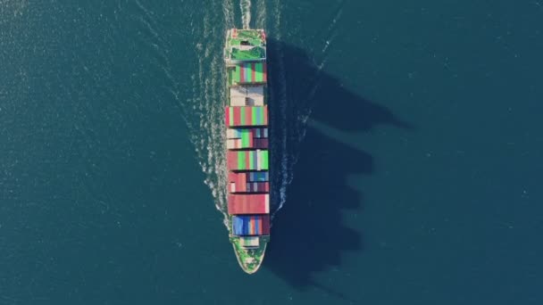 Bovenaanzicht van groot containerschip zeilen op zee, luchtfoto. — Stockvideo