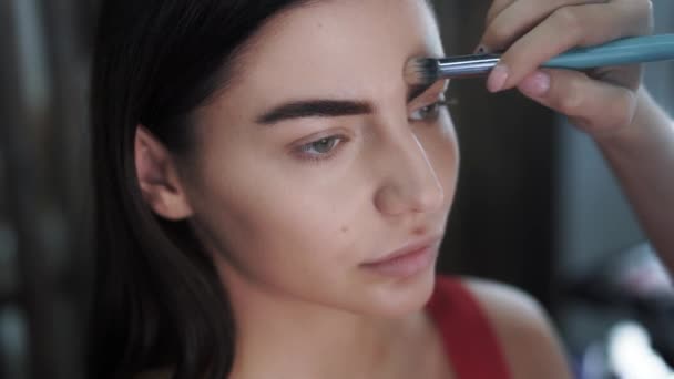 Художники руками наносят макияж красивой двадцатипятилетней брюнетке — стоковое видео