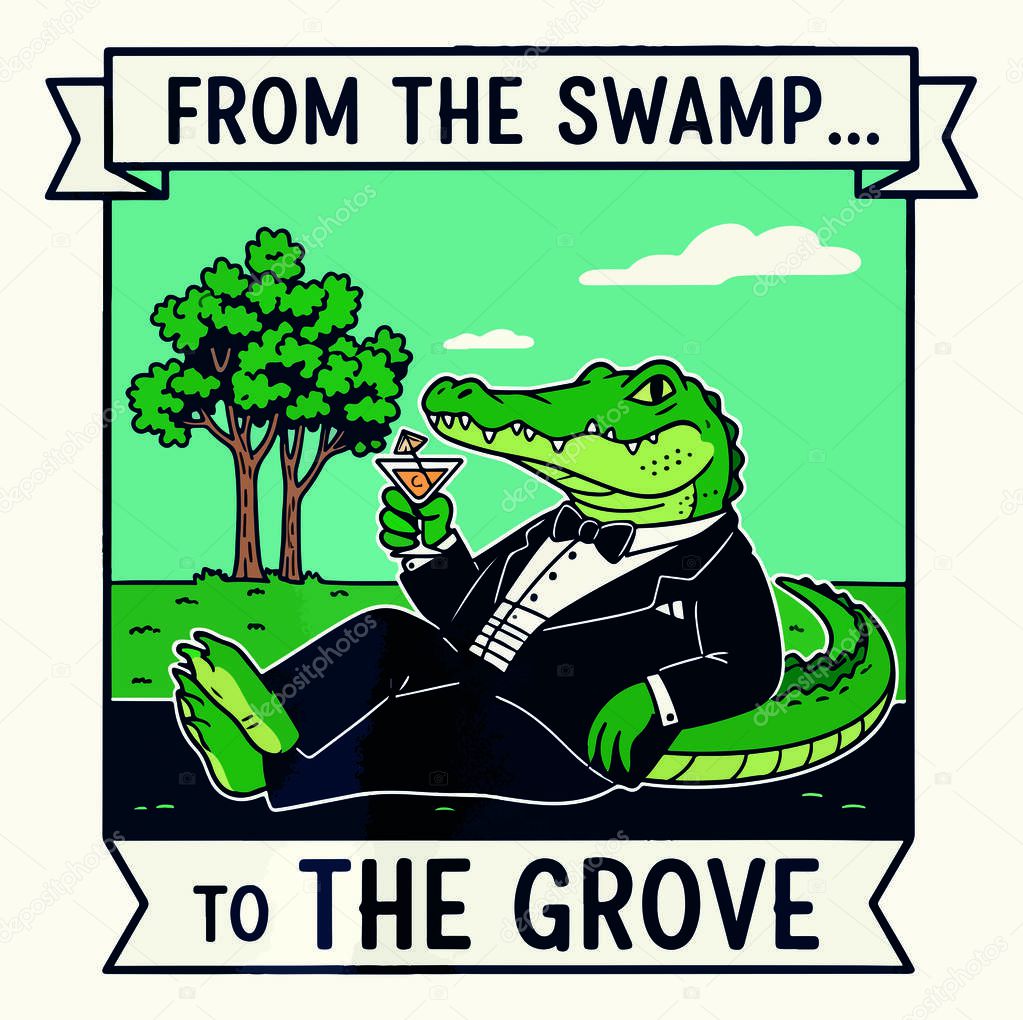A dapper alligator in a tuxedo sips a martini, embodying sophistication 