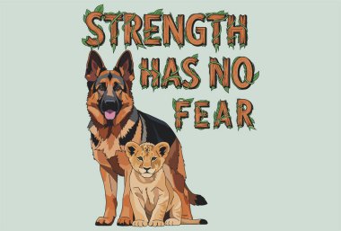 Bir Alman çoban köpeği ve aslan yavrusu, cesaret ve korunmayı somutlaştıran doğal, sarmaşık kaplı harflerle 