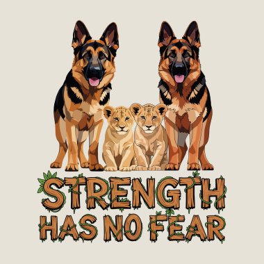 Bir Alman çoban köpeği ve aslan yavrusu, cesaret ve korunmayı somutlaştıran doğal, sarmaşık kaplı harflerle 