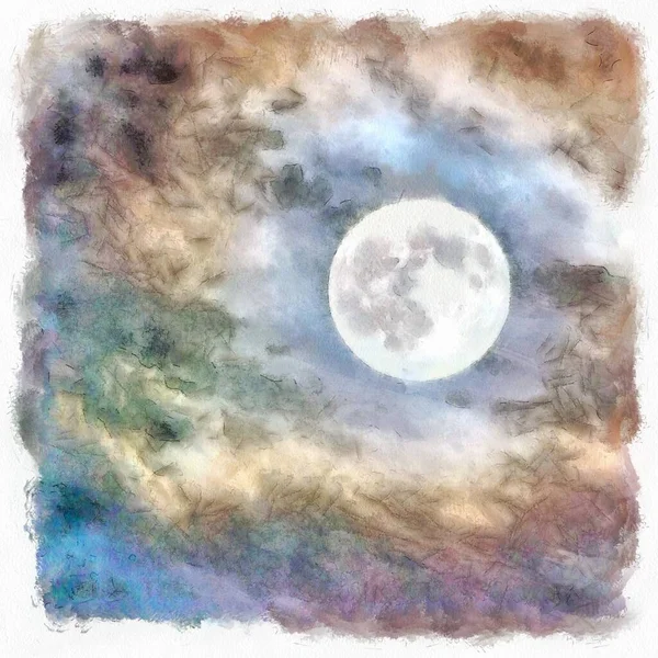 Акварельный Рисунок Луны Облаках Тумане — стоковое фото