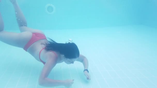 Brunette Fille Nage Dans Une Piscine Bleue Sous Eau — Video