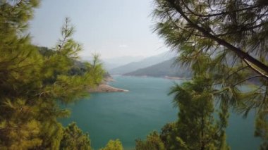 Bir dağ ormanı gölünde çam ağaçlarıyla birlikte turkuaz su. Türk peyzaj çam ormanı ve Rezervuar Dim Cay