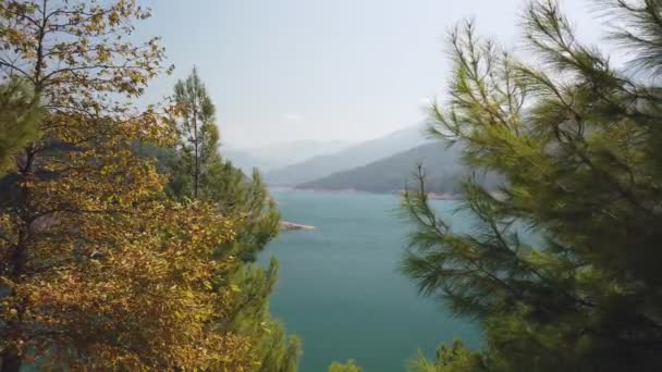 Agua Turquesa Lago Bosque Montañoso Con Pinos Paisaje Turco Bosque — Vídeo de stock