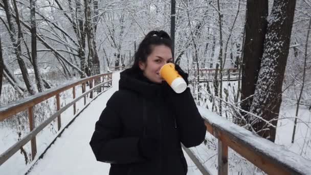 Belle jeune fille se promène en hiver dans le parc avec un verre de café dans ses mains — Video