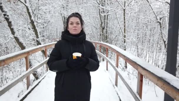 Hermosa joven camina en invierno en el parque con un vaso de café en sus manos — Vídeos de Stock