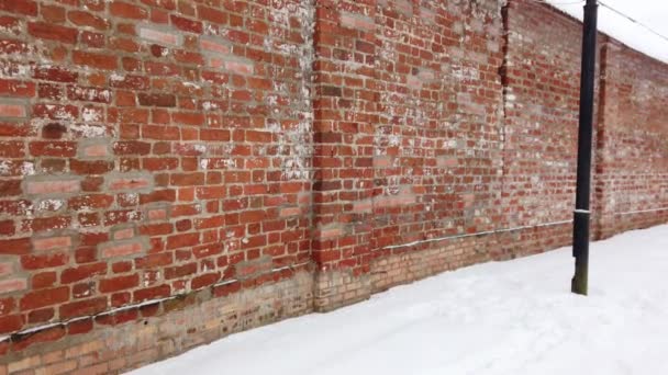 Walking Red Brick Wall Winter — Stock Video