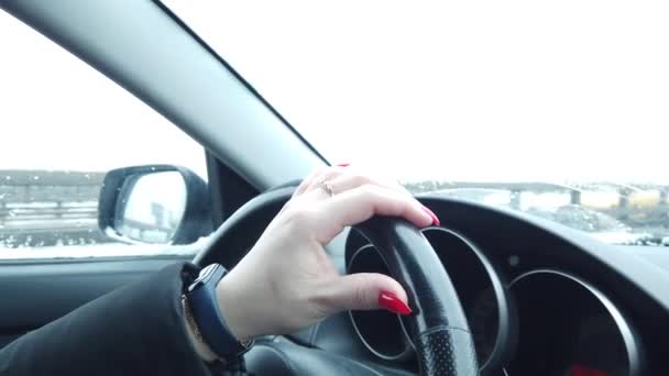 Κορίτσι πίσω από το τιμόνι του αυτοκινήτου, θέα από το αυτοκίνητο — Αρχείο Βίντεο