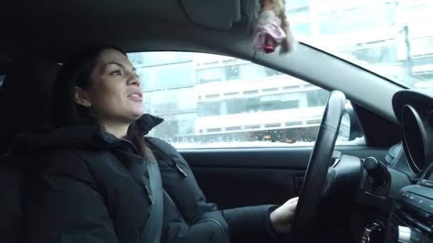 Retrato Fêmea Vista Lateral Uma Mulher Condutora Estrada Jovem Está — Vídeo de Stock