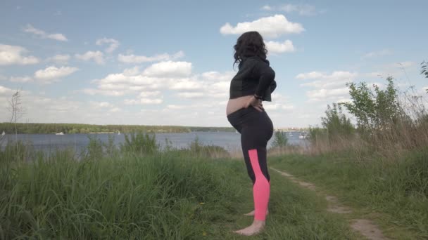妊娠中の女性は屋外でスポーツをする フィールドでフィットネスをしている妊婦 — ストック動画