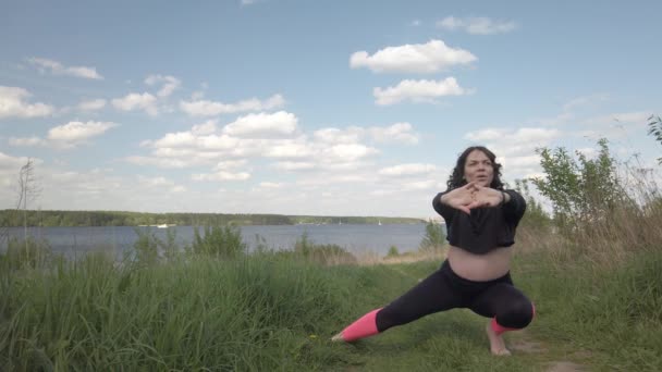 Gravid Kvinna Sportar Utomhus Gravid Flicka Gör Fitness Fält — Stockvideo