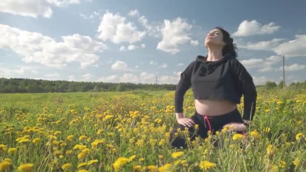 Une fille enceinte se repose dans un champ avec de belles fleurs jaunes — Video