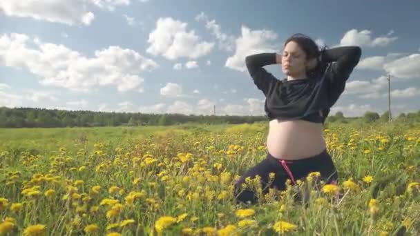 Беременная девушка отдыхает в поле с красивыми желтыми цветами — стоковое видео