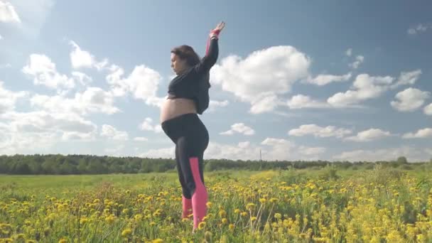Mujer Embarazada Haciendo Deportes Naturaleza — Vídeo de stock