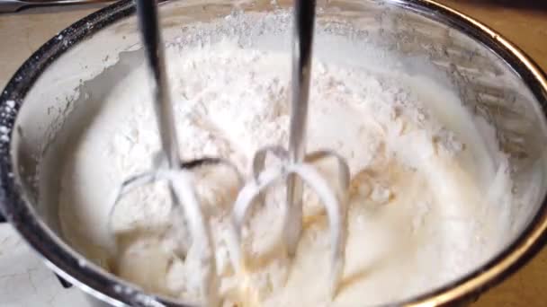Process Making Whisking Dough Mixer Liquid Dough Whisk Bowl — Stock Video