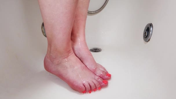 Woman Washing Her Foot Hands Bathroom Applies Scrub Legs — Stock Video