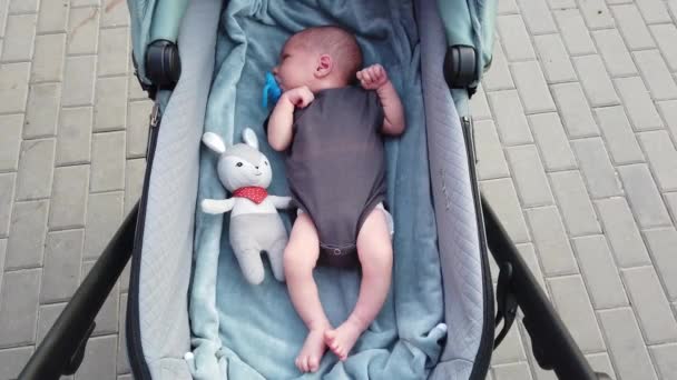 Pasgeboren Baby Liggend Een Kinderwagen Zuigen Aan Een Fopspeen Een — Stockvideo