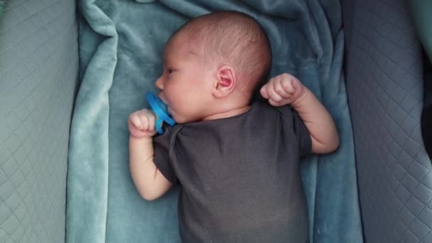 ทารกแรกเก ดนอนอย ในรถเข นเด กนม กในรถม าทารกพยายามท จะหล — วีดีโอสต็อก