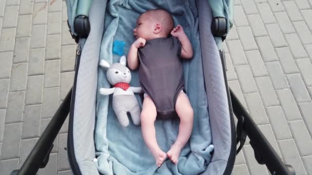 新生儿躺在婴儿车里 吸吮着奶嘴 一个坐在婴儿车里的孩子正试图入睡 — 图库视频影像