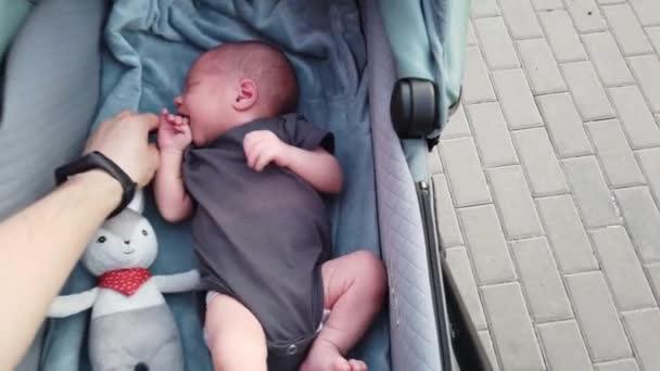 Bebê Recém Nascido Deitado Uma Carruagem Bebê Chupando Uma Chupeta — Vídeo de Stock